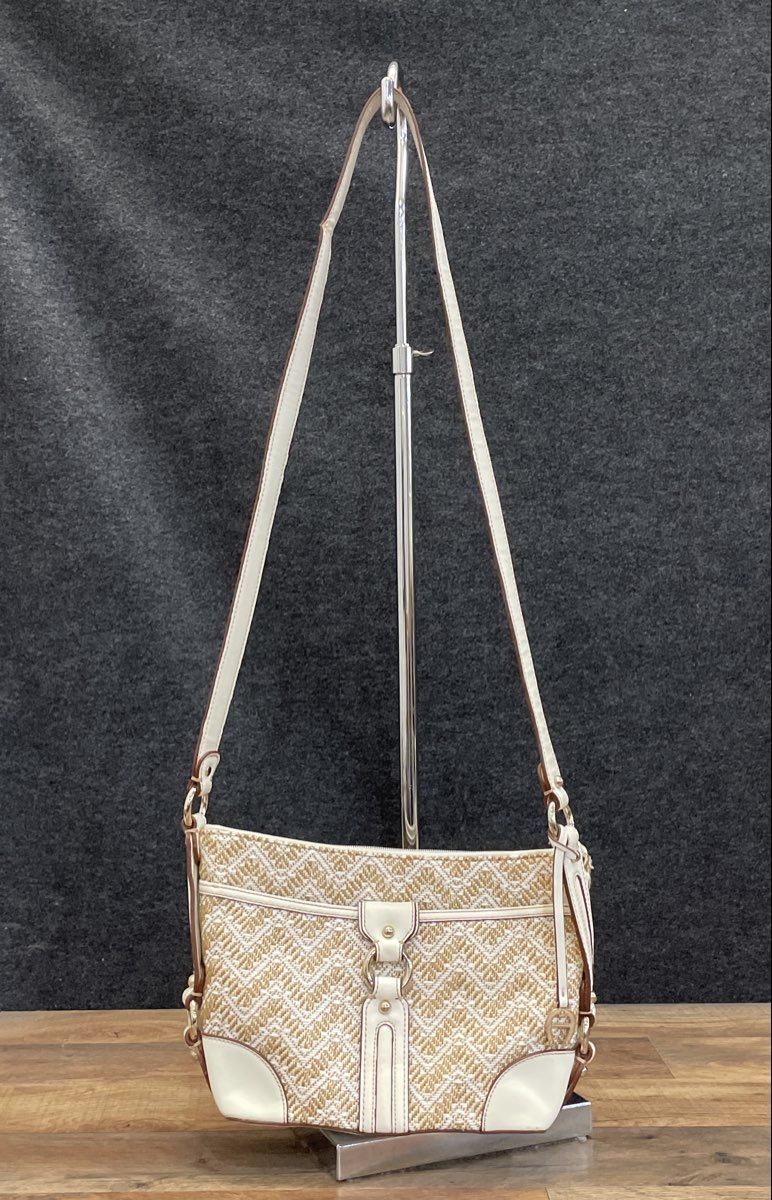 Etienne Aigner Beige White Woven Straw Chevron Crossbody Shoulder Bag