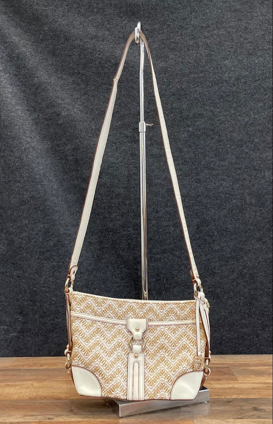 Etienne Aigner Beige White Woven Straw Chevron Crossbody Shoulder Bag