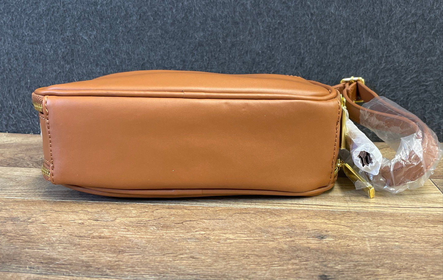 Joy & Iman Tan Double Zip Crossbody Bag Gold Hardware NWT