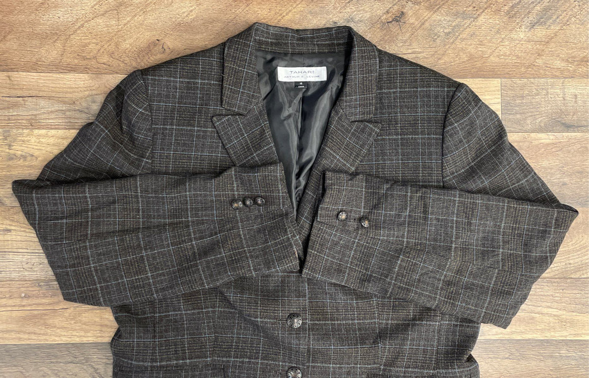 Tahari Arthur S. Levine Women's Brown Plaid 3-Button Blazer Jacket Size 16