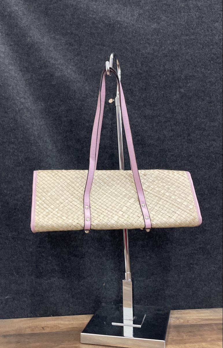 Apt. 9 Women's Pink Beige Woven Straw Shoulder Purse Bag Polka Dot Lining