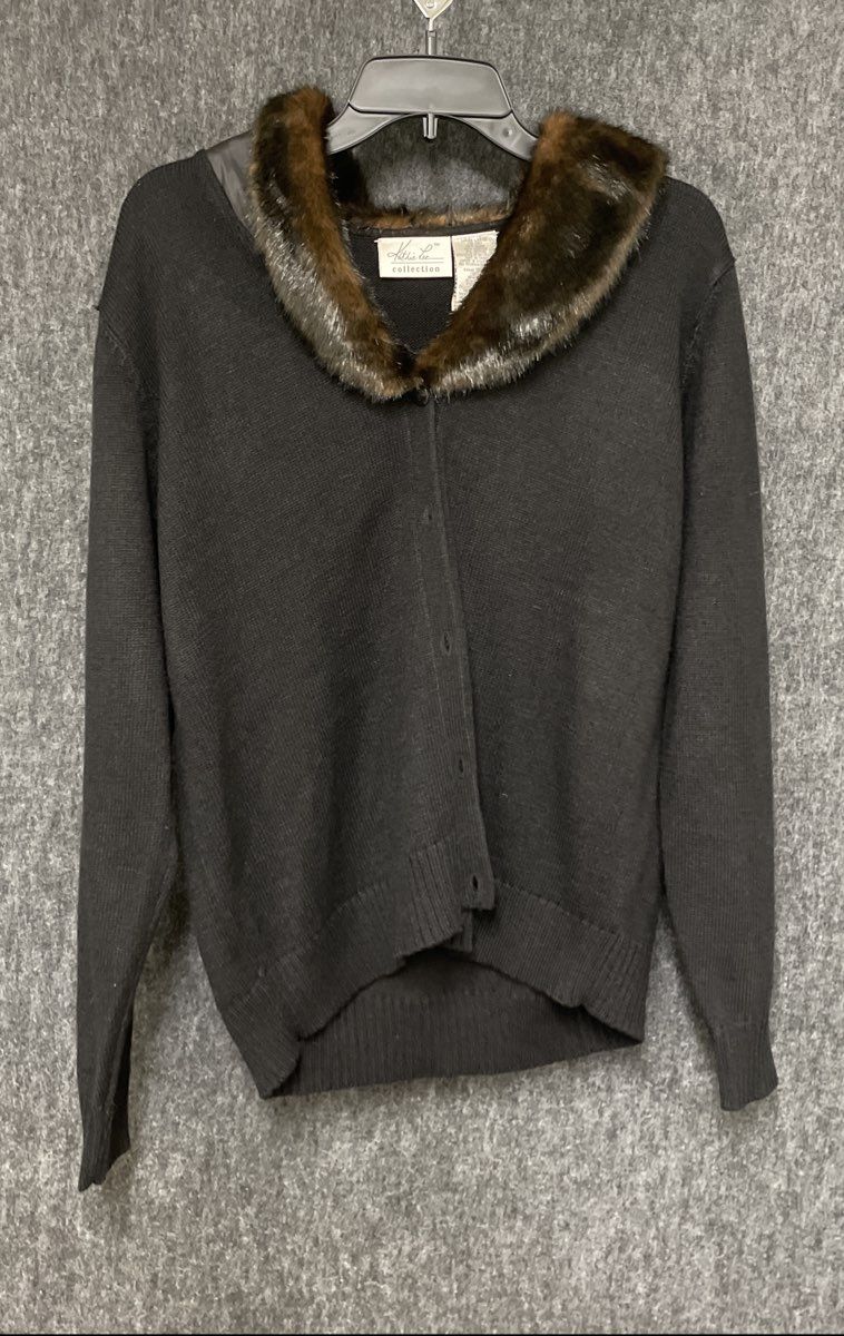 Vintage 90s Kathie Lee Collection Women's Black Cardigan Faux Fur Collar Sz L