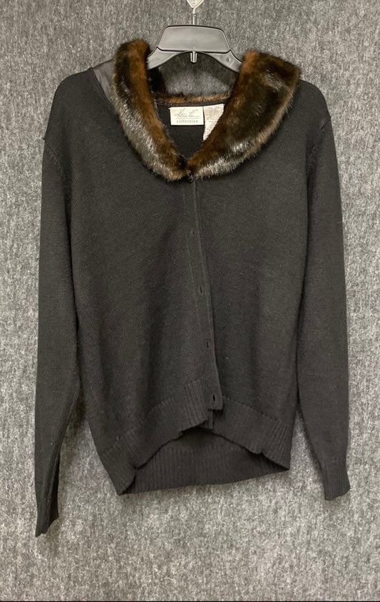 Vintage 90s Kathie Lee Collection Women's Black Cardigan Faux Fur Collar Sz L