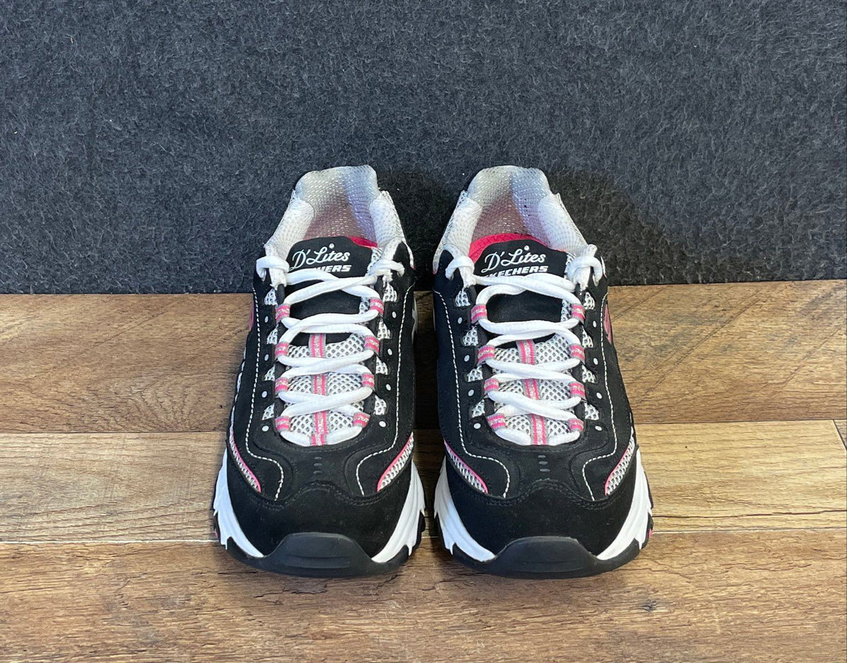 Skechers D'Lites Biggest Fan Black White Pink Walking Sneakers Women's Size 7
