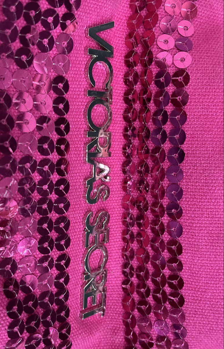 Victoria's Secret Pink Canvas Sequin Stripe Tote Bag Large Silver Hardware