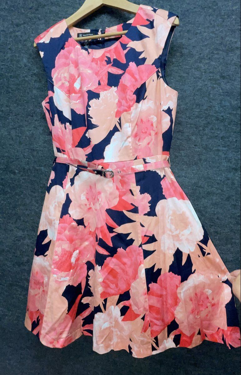 INC International Concepts Women's Pink Navy Floral Fit Flare Belted Dress Sz 4