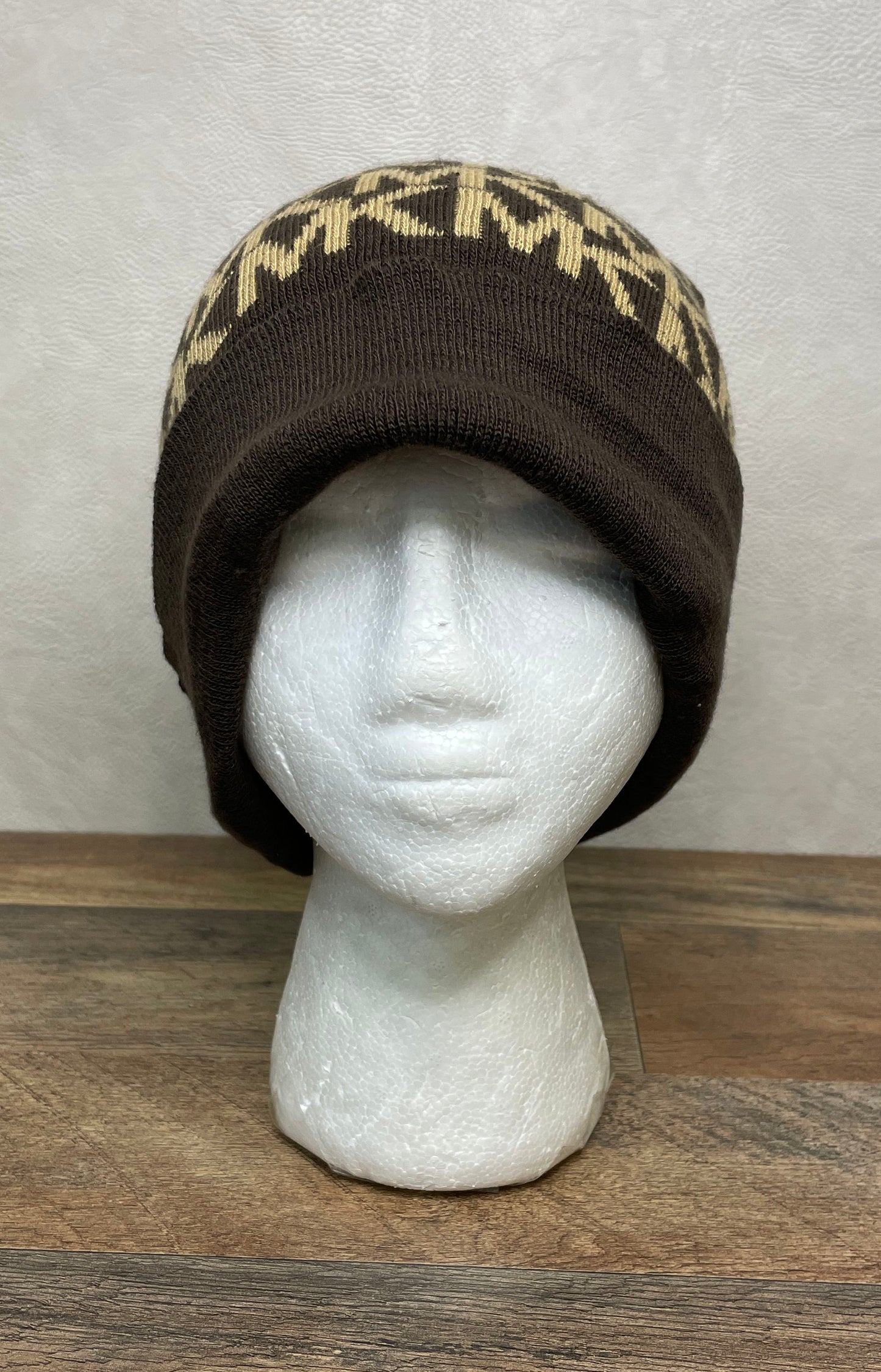 Michael Kors Women's Beanie Hat Brown Tan Monogram Logo Knit MK Print