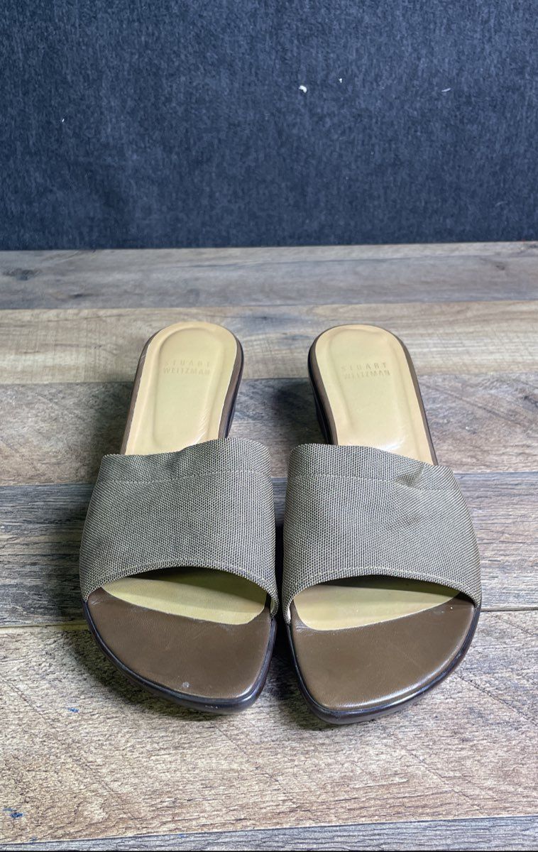 Stuart Weitzman Beige Fabric Slide On Platform Wedge Sandals Women's Size 8.5