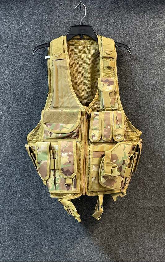 Men's Tactical Military Cross Draw Vest Tan Camo Mesh Airsoft Hunting