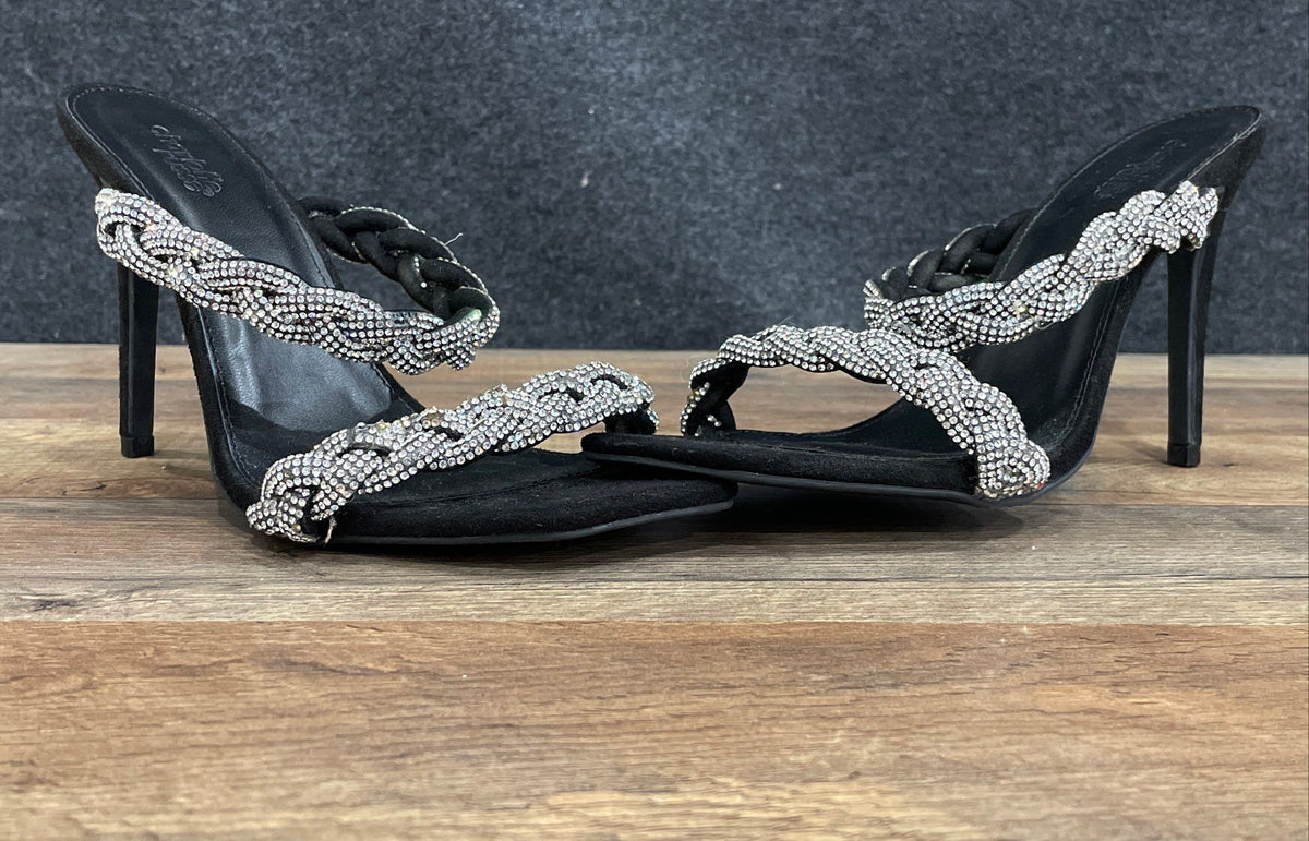 Charlotte Russe Black Braided Rhinestone Square Toe High Heel Mules Size 8