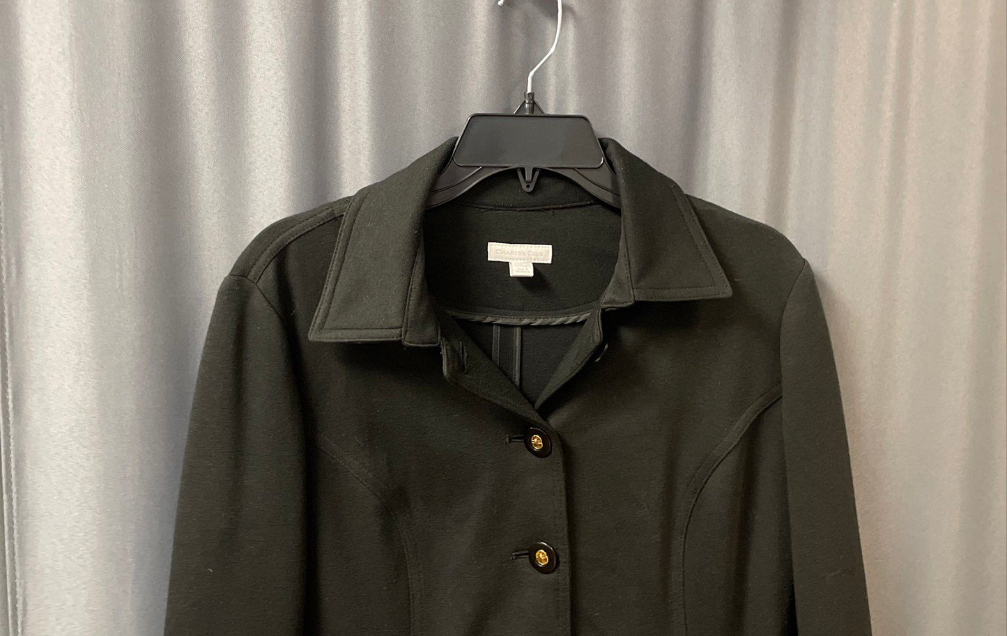 Charter Club Women's Black Knit Jacket Gold Button Pockets Elastic Back Sz M