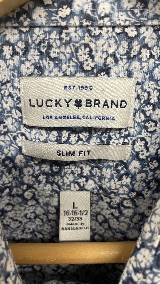 Lucky Brand Men's Slim Fit Button Up Shirt Blue White Floral Stretch Size L