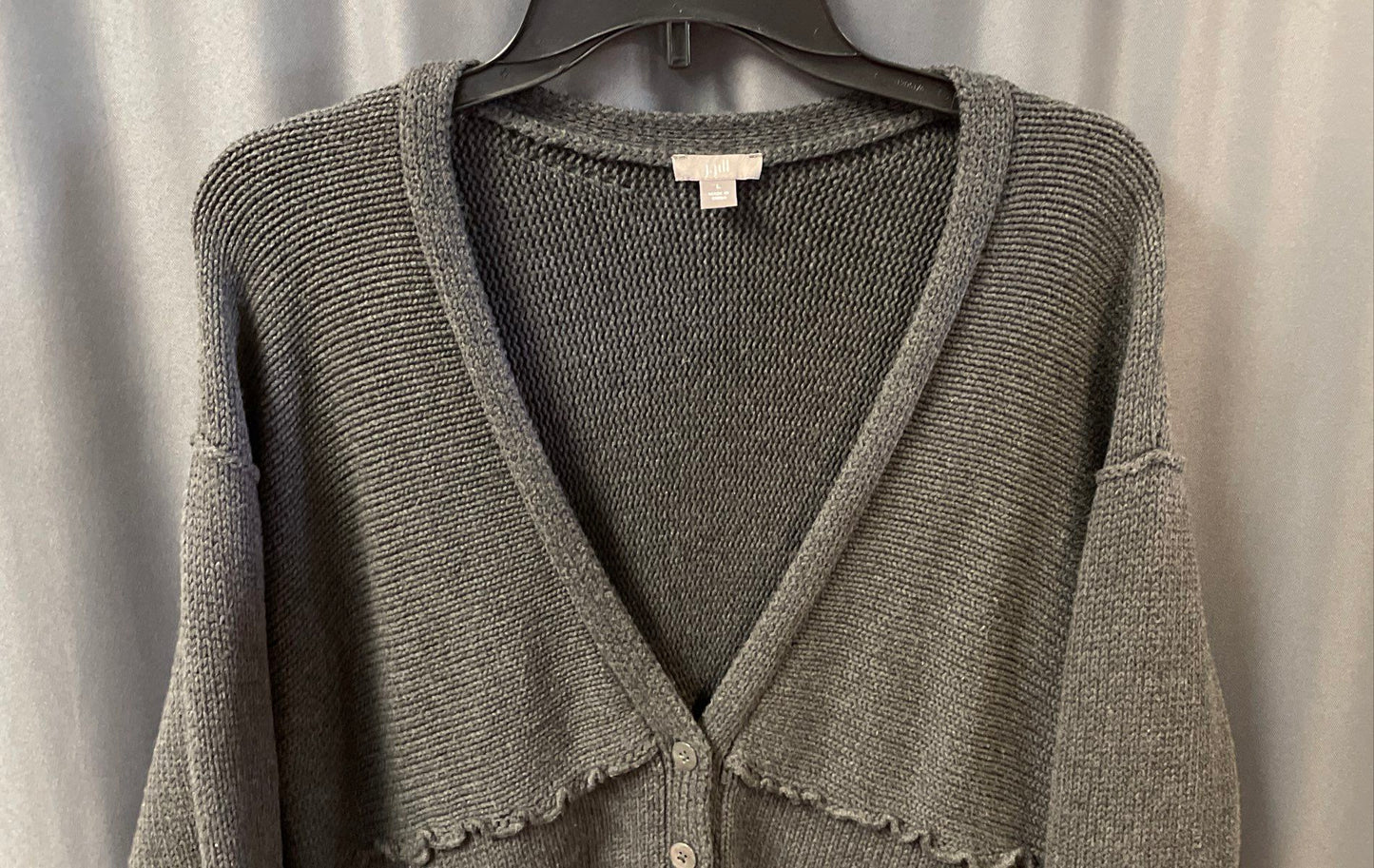 J. Jill Women's Gray 100% Cotton Button Front V-Neck Ruffle Cardigan Size L