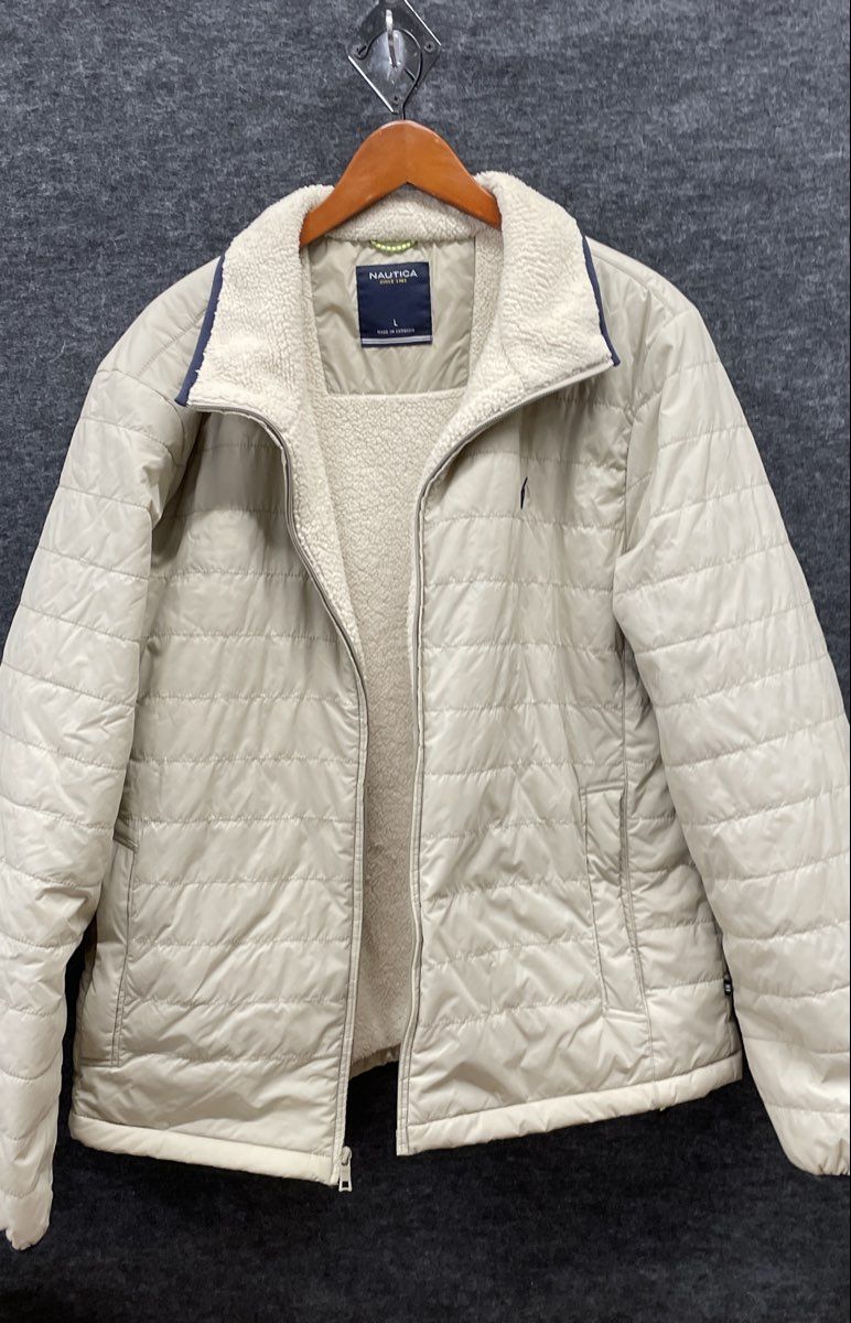 Nautica Men's Cream Quilted Puffer Jacket Sherpa Lined Full Zip Coat Sz L