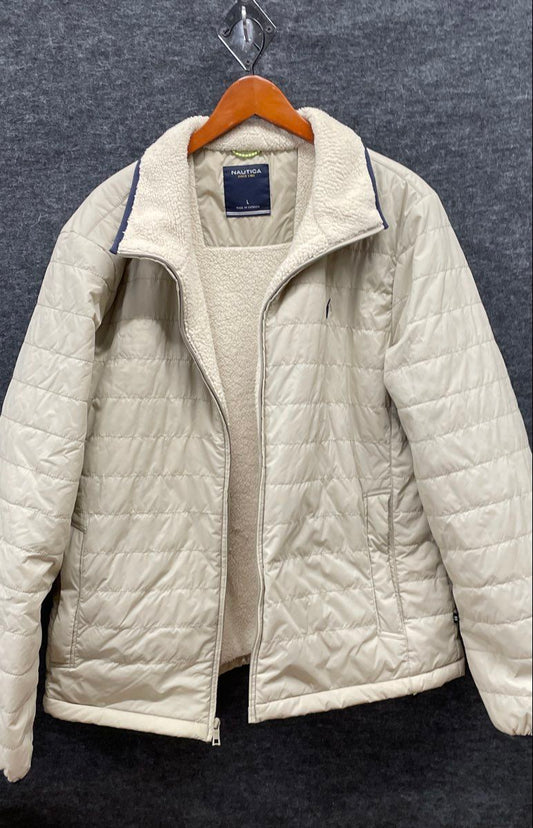 Nautica Men's Cream Quilted Puffer Jacket Sherpa Lined Full Zip Coat Sz L