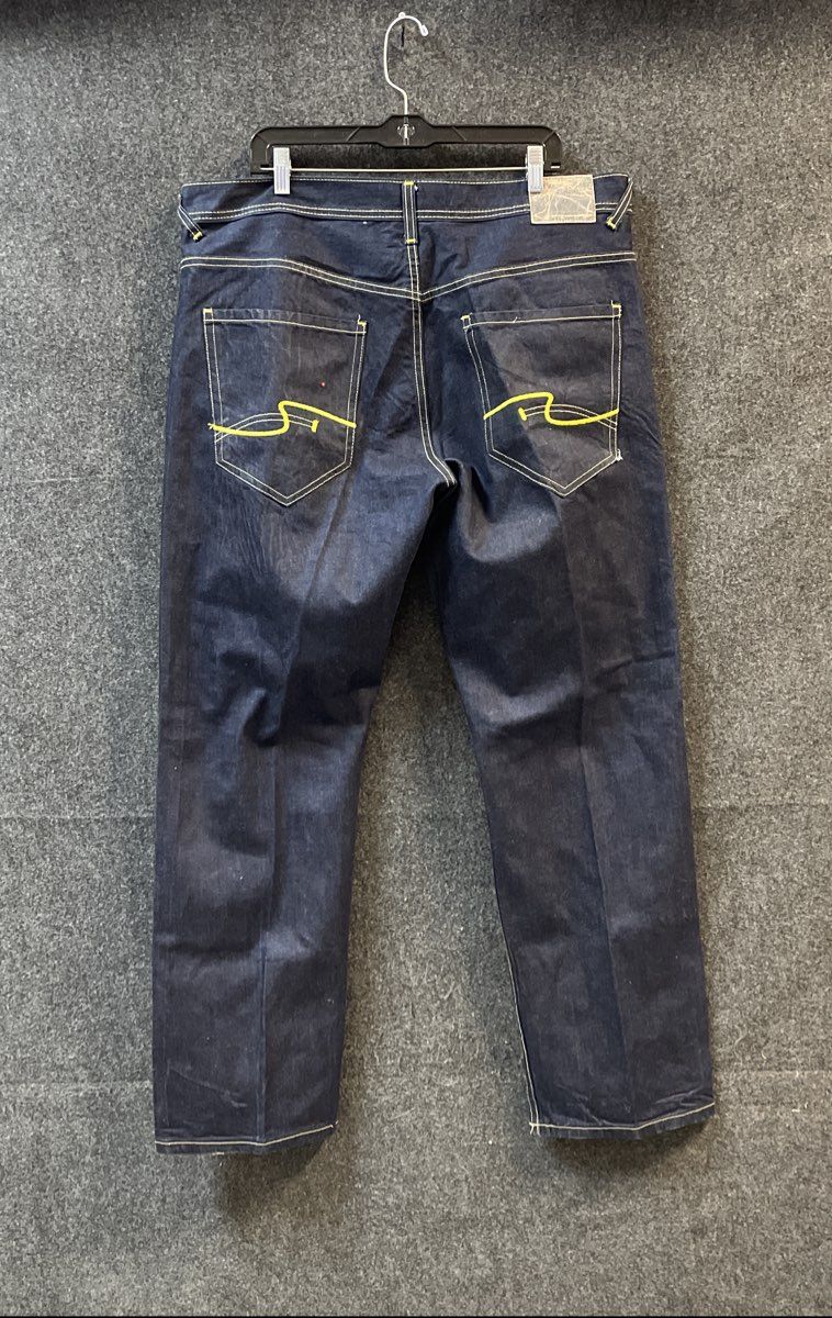 Enyce Men's Dark Wash Baggy Jeans Yellow Contrast Stitching Sz 40