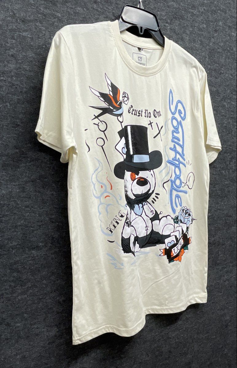 Southpole Men's Cream Graphic T-Shirt Trust No One Tattoo Bear Streetwear Sz M