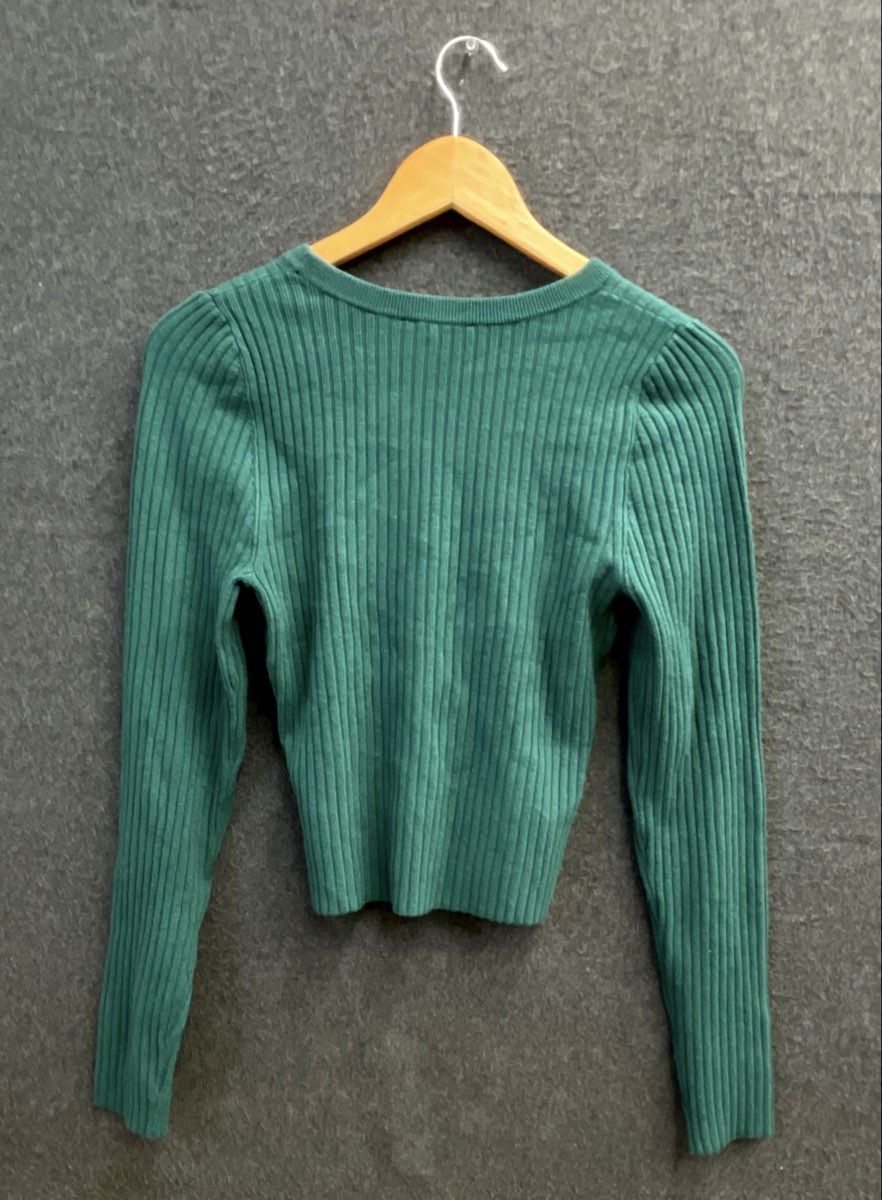 Express Women's Green Ribbed Knit Top Long Sleeve Crewneck Cropped Sz M NWT