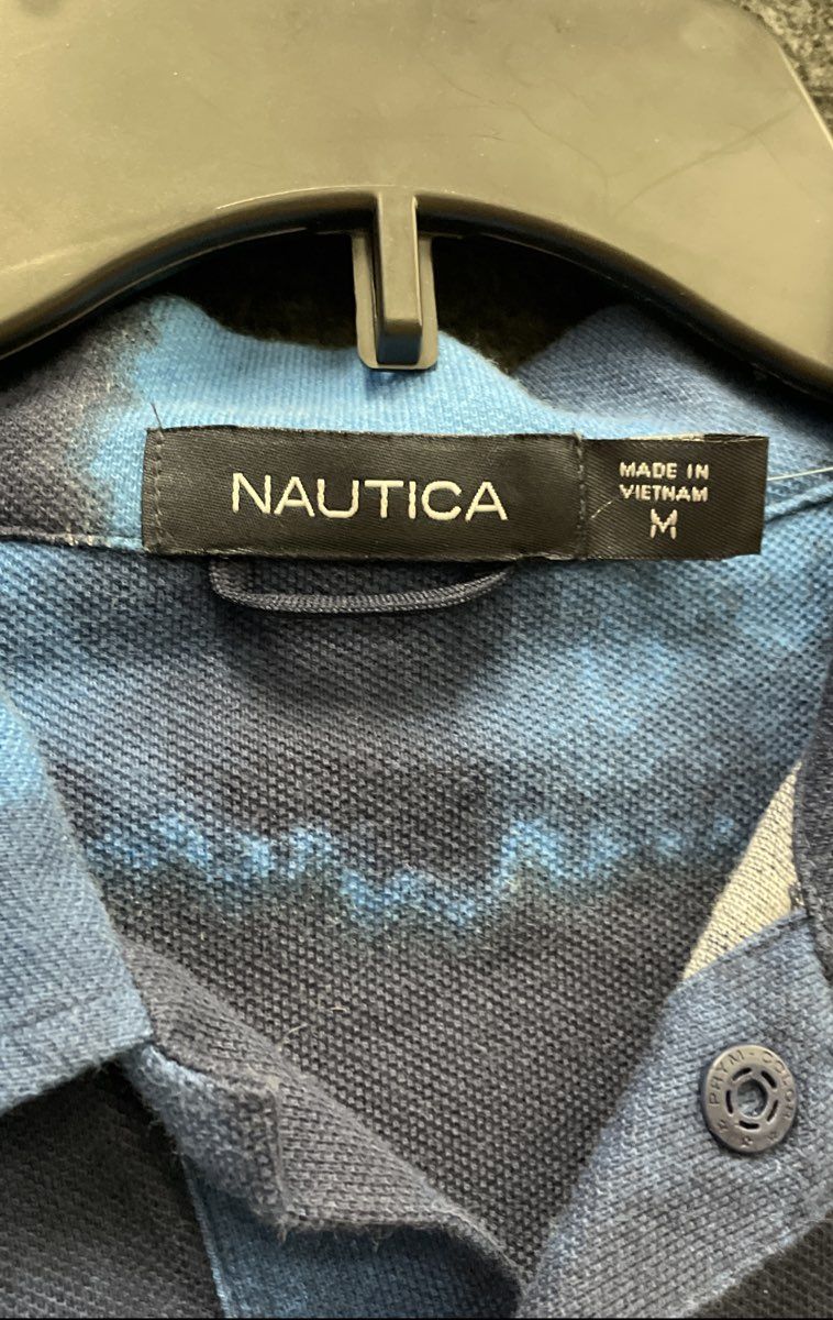 Nautica Men's Polo Shirt Blue Navy White Tie Dye Watercolor Grid Sz M NWT