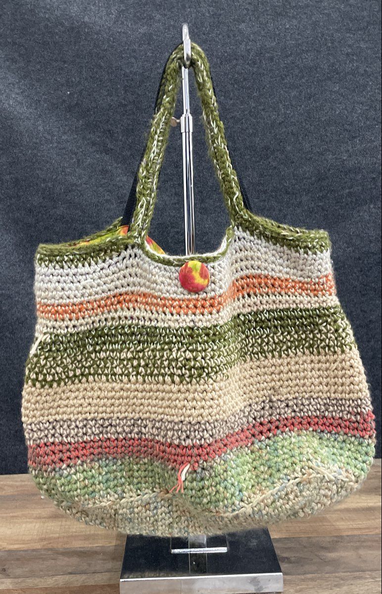 Earth Tone Multi-color Crochet Knit Reversible Tote Bag Large Bohemian Purse
