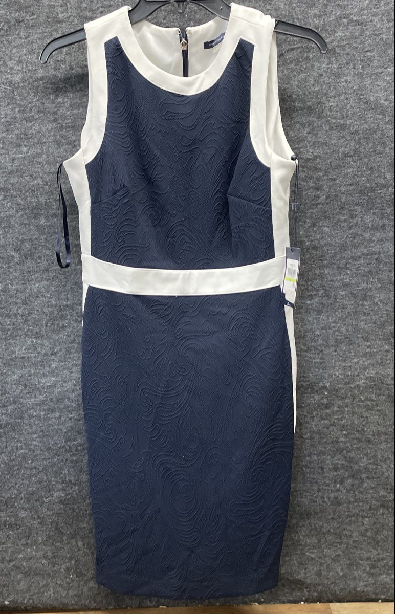 Tommy Hilfiger Women's Navy White Colorblock Textured Paisley Sheath Dress 4 NWT