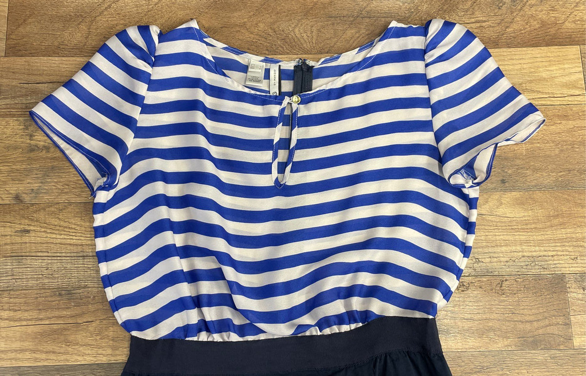 Mango Women's Semi-Sheer Striped Dress Navy Blue Cotton Blend Skirt Pockets Sz 6
