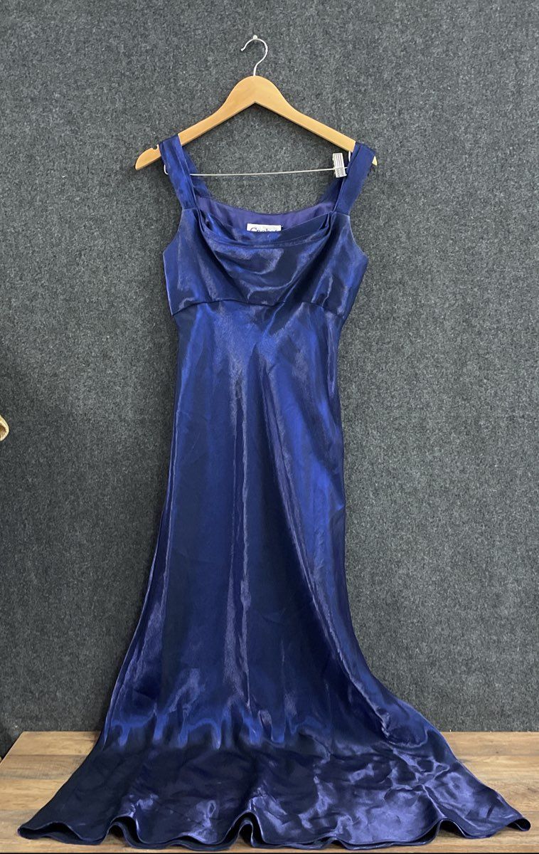 Vintage 90s Cachet Women's Blue Shimmer Cowl Neck Gown Evening Dress Sz 8
