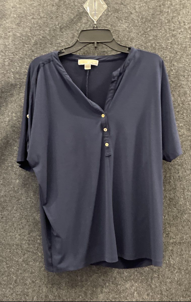Michael Kors Women's Blue Henley V-Neck Short Sleeve Button Tab Blouse Top Sz M