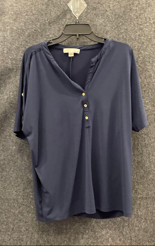 Michael Kors Women's Blue Henley V-Neck Short Sleeve Button Tab Blouse Top Sz M