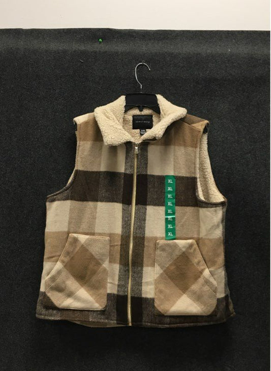 Sanctuary Women's Zip Up Plaid Vest Sherpa Lined Faux Fur Collar Brown Sz XL
