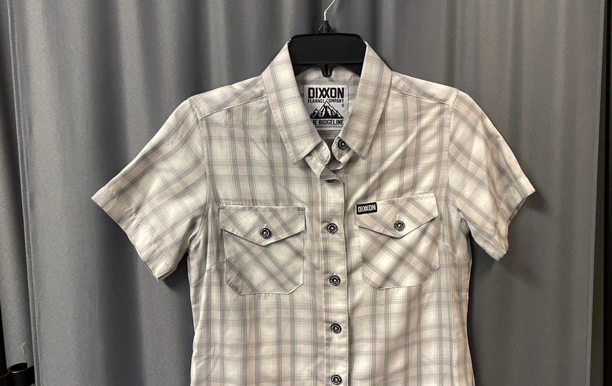 Dixxon Women's The Ridgeline Bamboo Gray Plaid Short Sleeve Button Up Shirt S