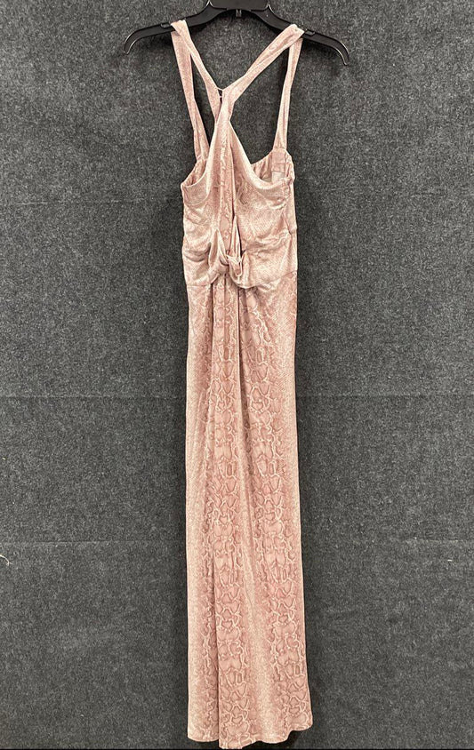 BCBGMAXAZRIA Women's Tan Pink Snakeskin Racerback Knot Maxi Dress Sz S New