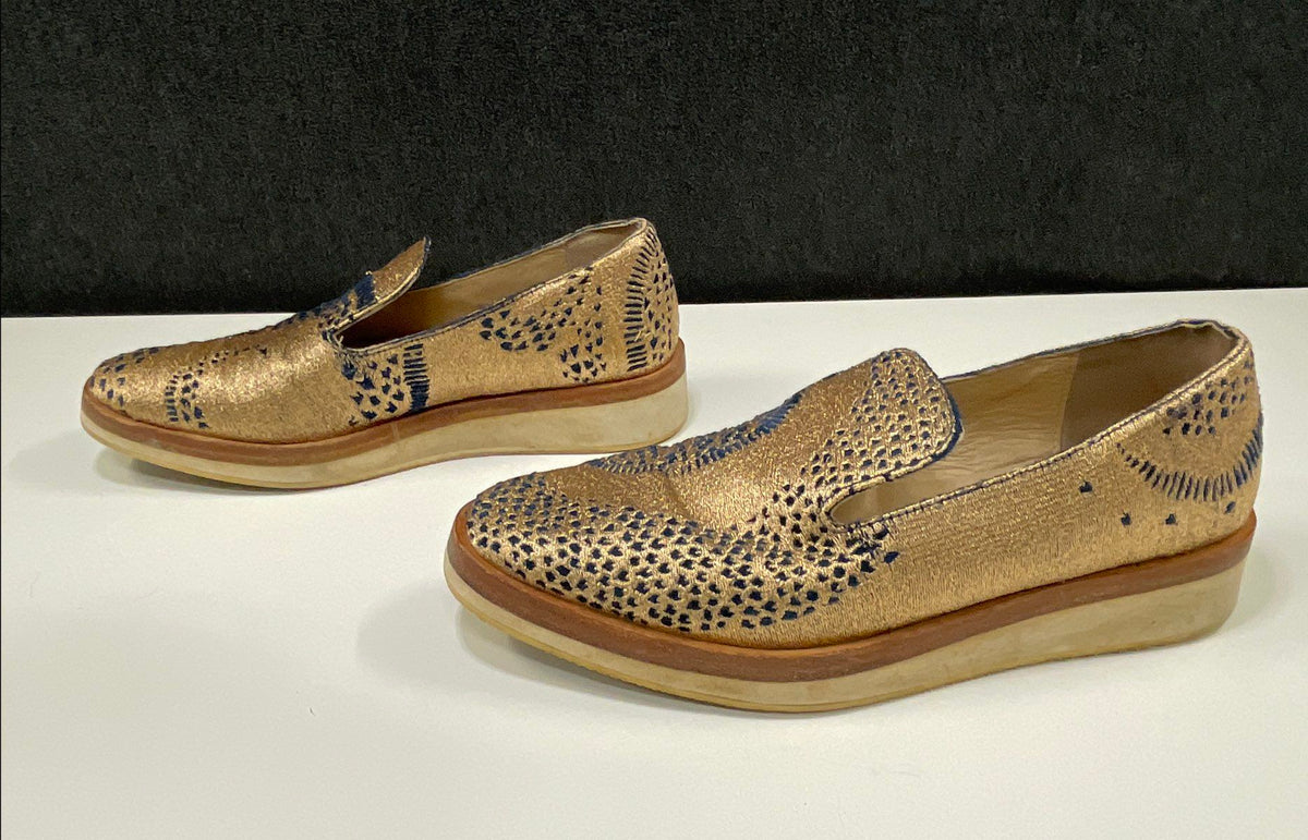 Free People At Once Gold Navy Embroidered Platform Loafer Women's