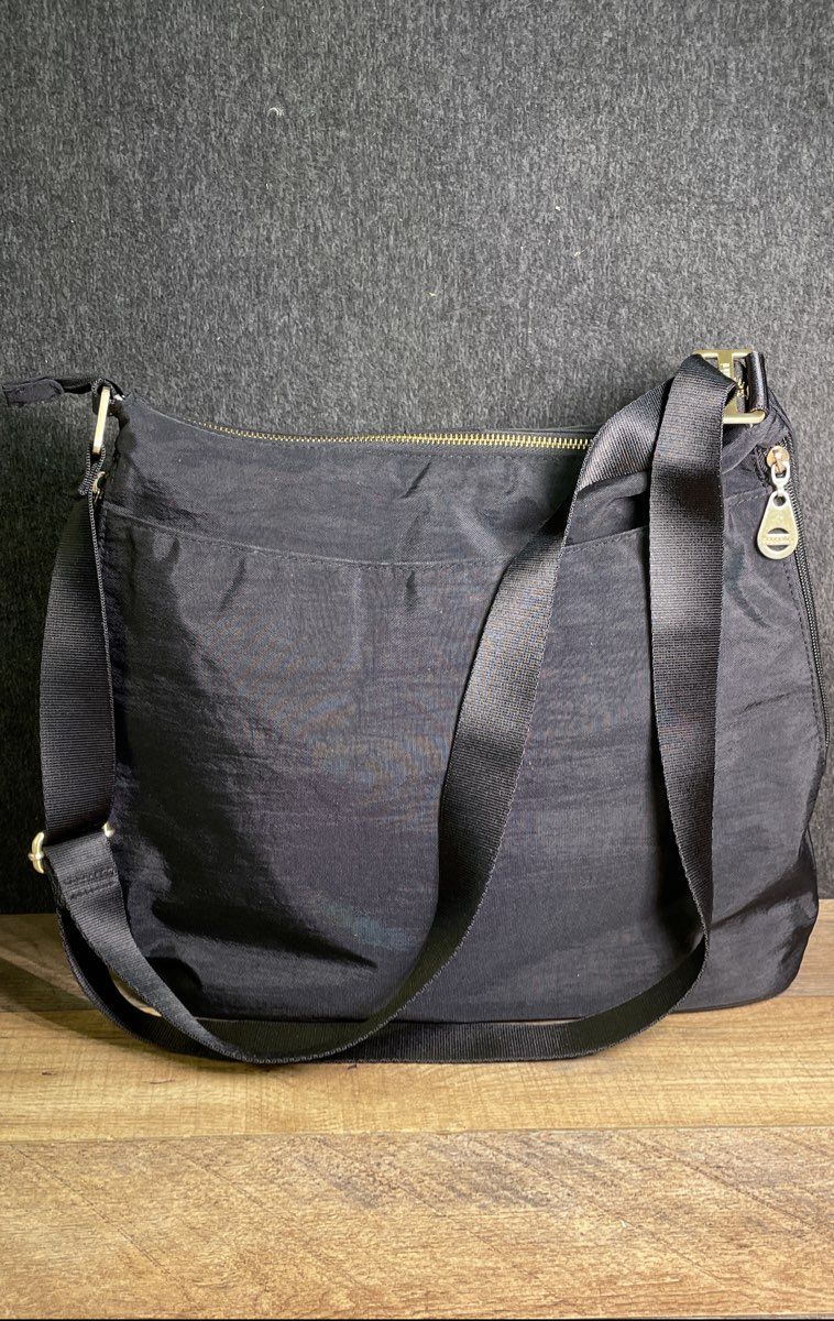Baggallini Black Helsinki Nylon Crossbody Hobo Bag Gold Hardware