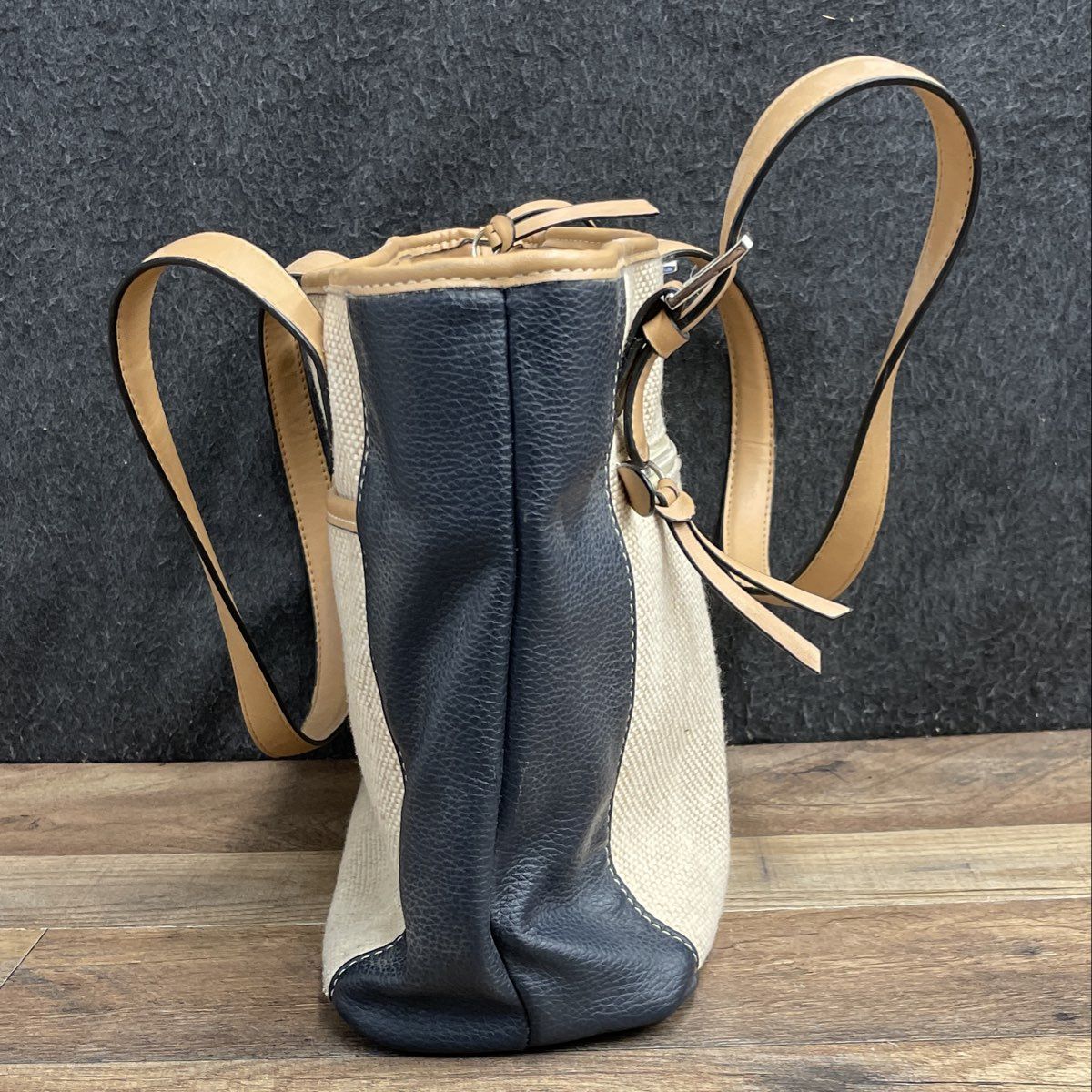 Giani Bernini Navy Blue Cream Woven Canvas Mixed Media Tote Shoulder Bag
