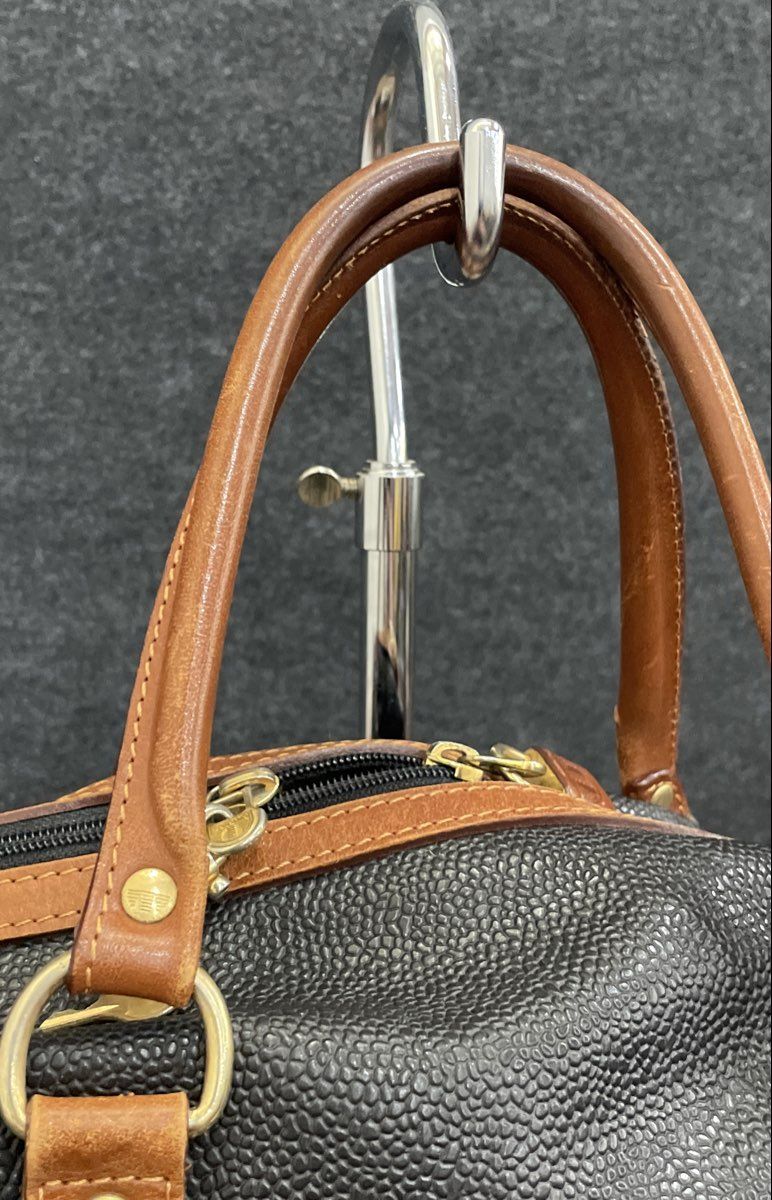 Toscano Black Pebbled Weekender Duffel Tote Bag Large Tan Leather Trim