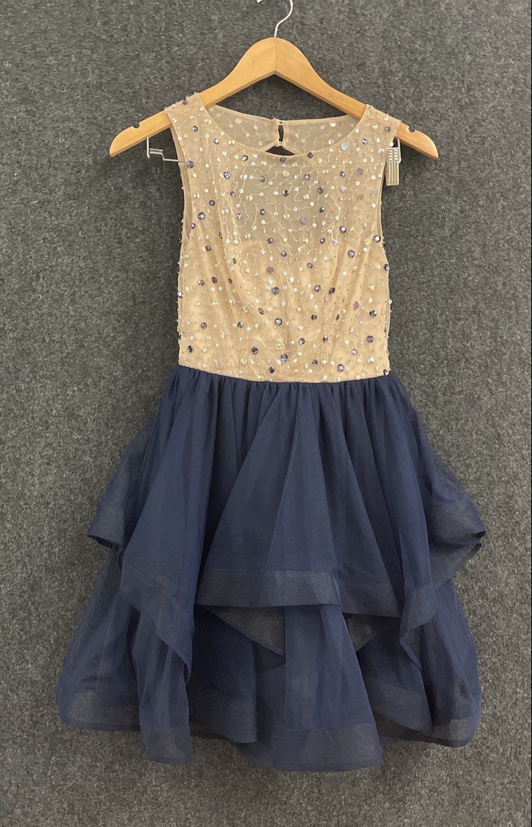 Bee Darlin Women's Navy Blue Nude Beaded Illusion Tiered Tulle Dress Sz 1/2