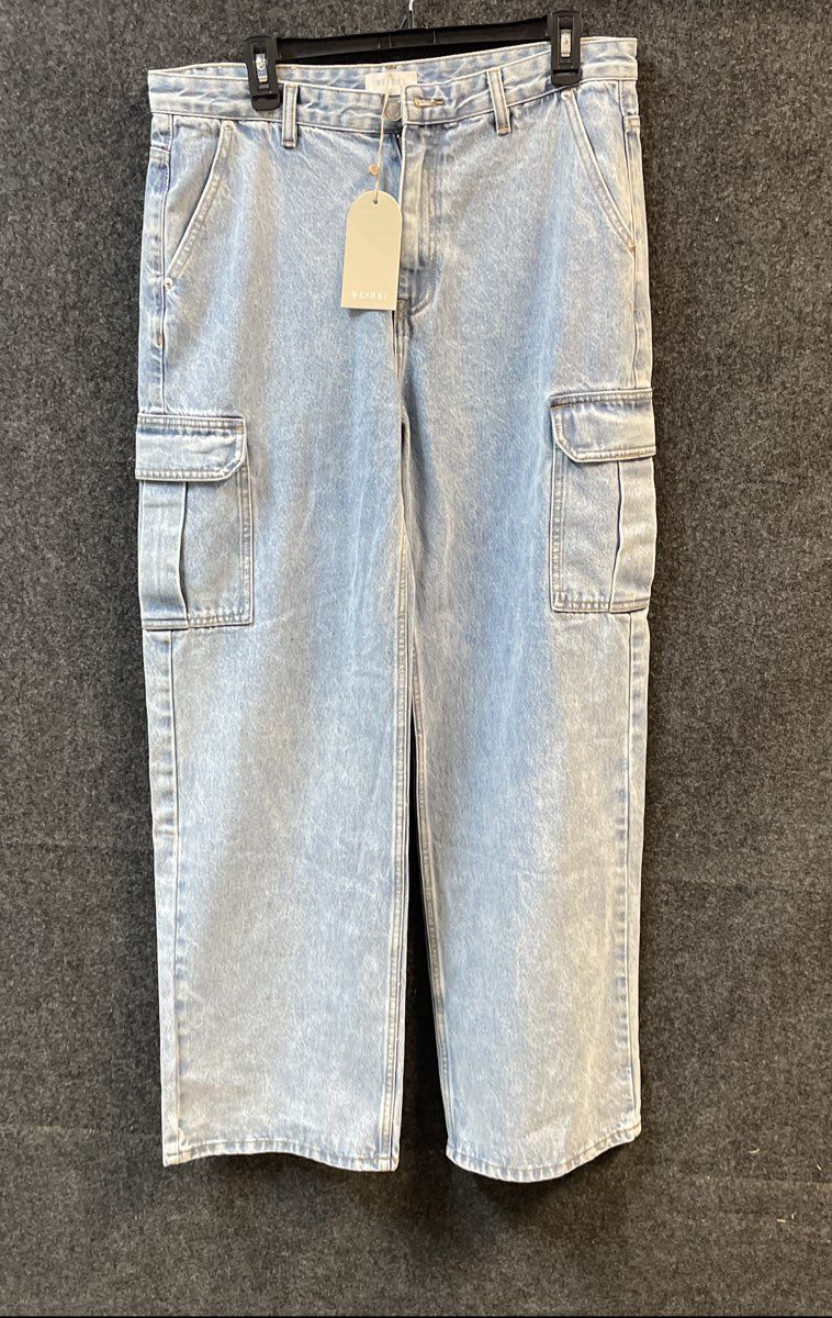 Meshki Women's Jagger Relaxed Denim Cargo Jeans Mid Blue 100% Cotton Sz M NWT