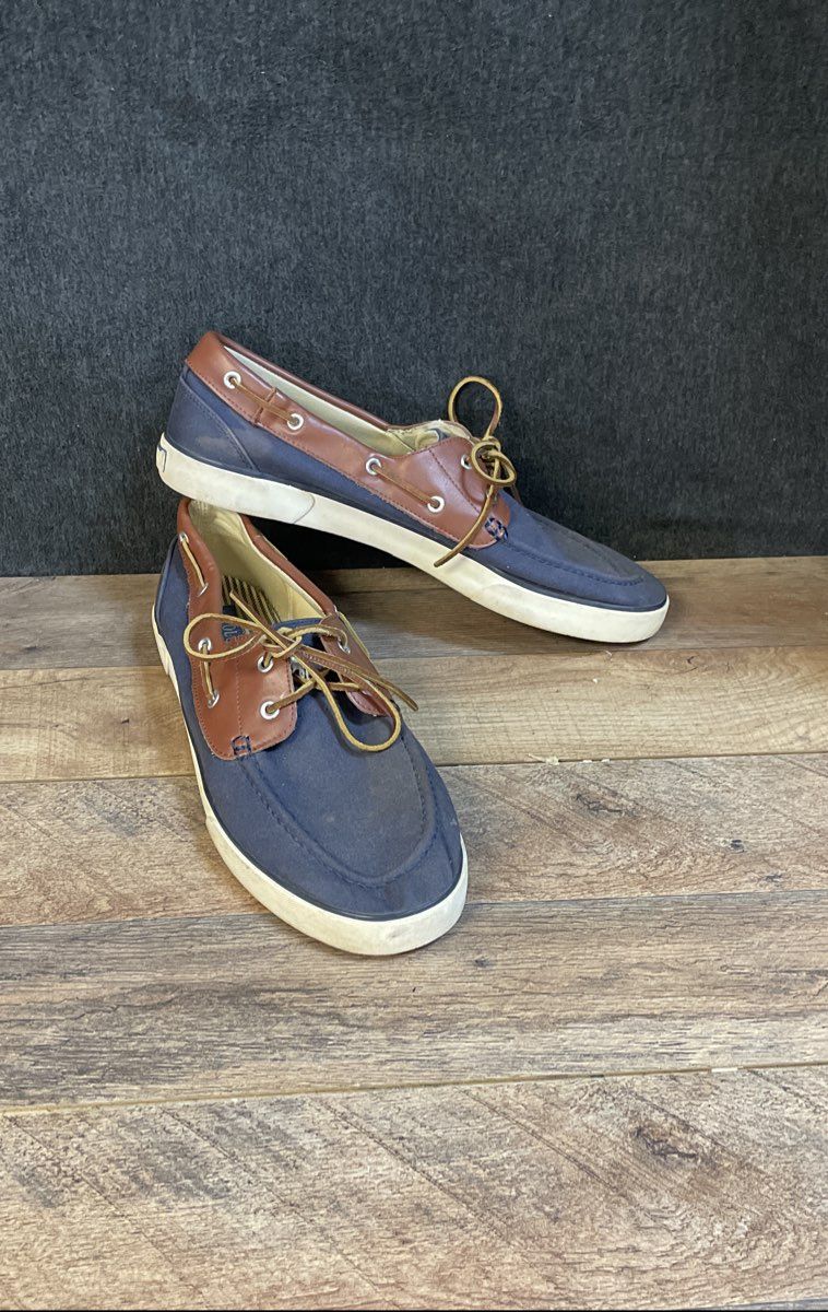 Polo Ralph Lauren Rylander Navy Blue Brown Canvas Boat Shoes Size 14D