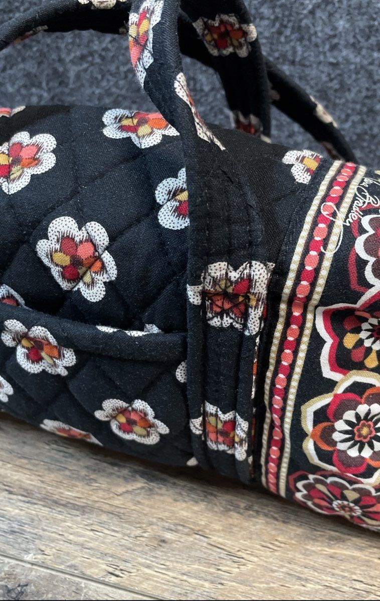 Vera Bradley Black Floral Quilted Cotton Satchel Handbag Red Plaid Lining