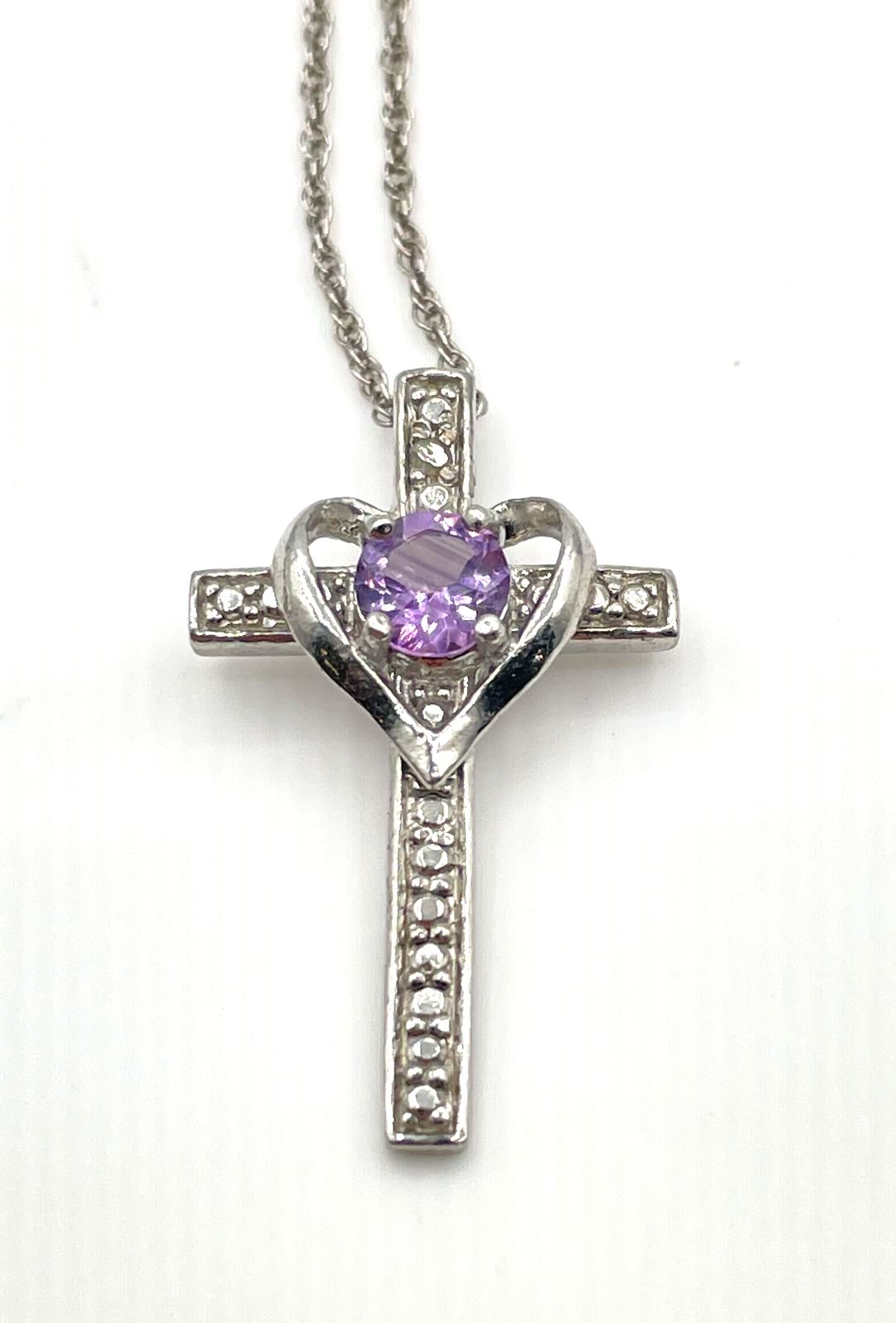 925 Sterling Silver Amethyst Cross Pendant Necklace 3g