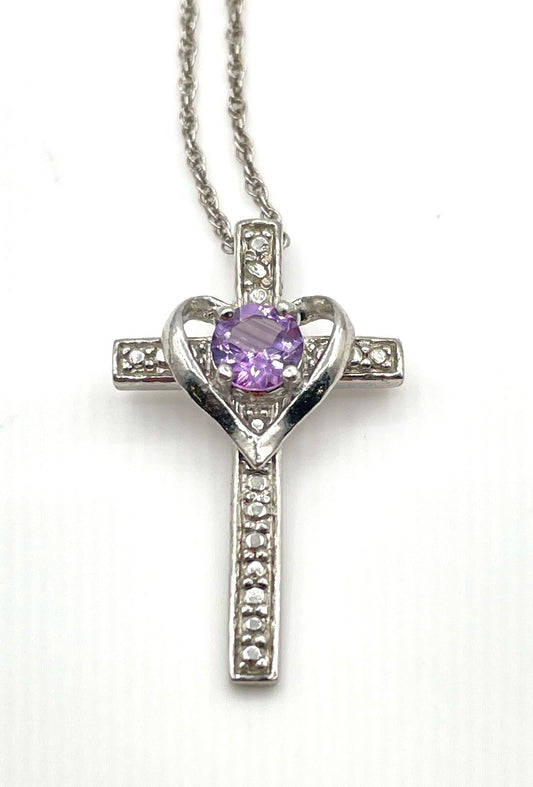 925 Sterling Silver Amethyst Cross Pendant Necklace 3g
