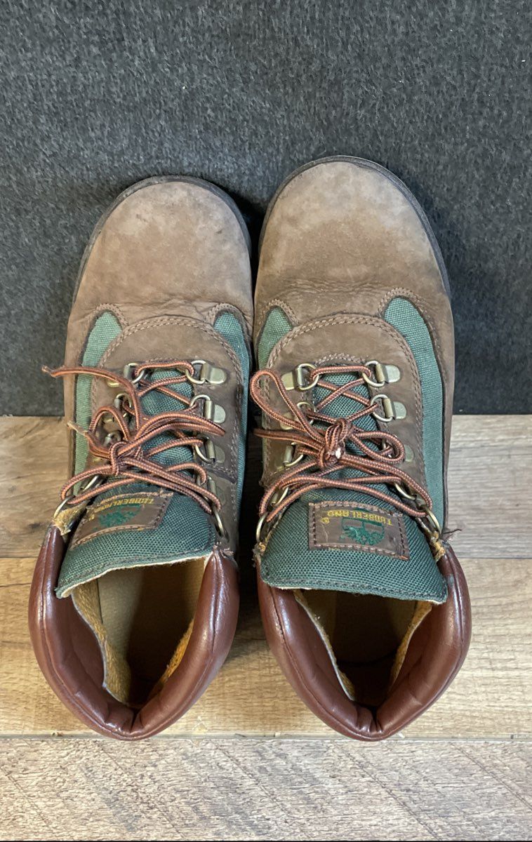 Timberland Field Boots Brown Green Canvas Leather Hiking Mid Top Size 6