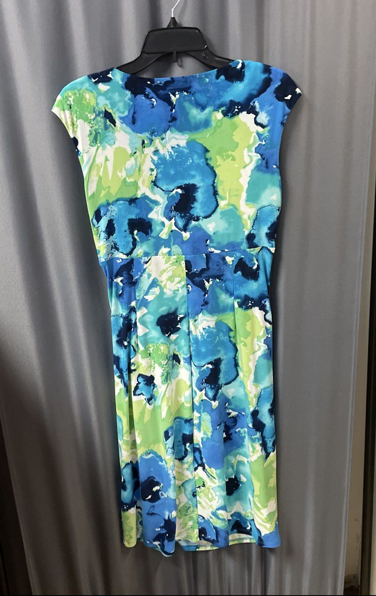 Lauren Ralph Lauren Blue Green Watercolor Floral Ruched Dress Sz 6