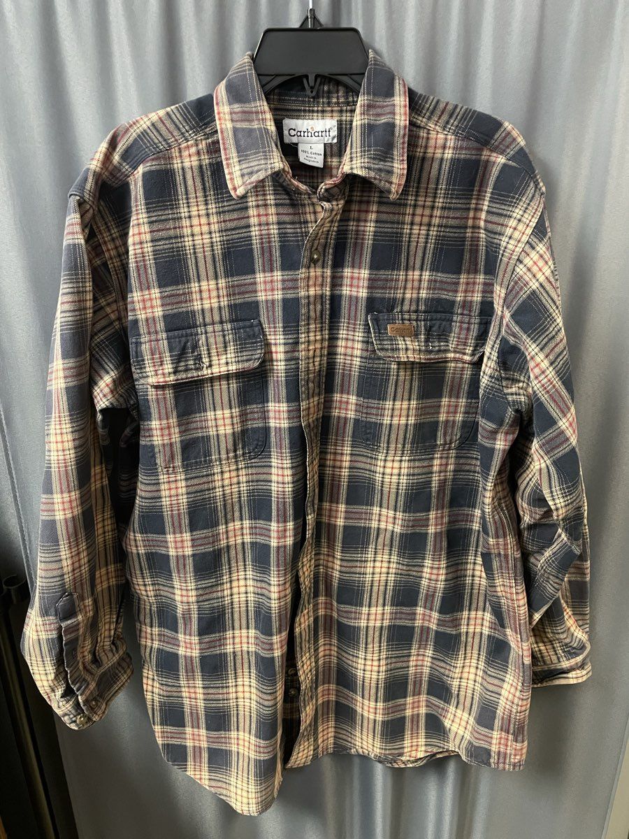 Carhartt Men's Blue Tan Red Plaid 100% Cotton Button Up Shirt Size L