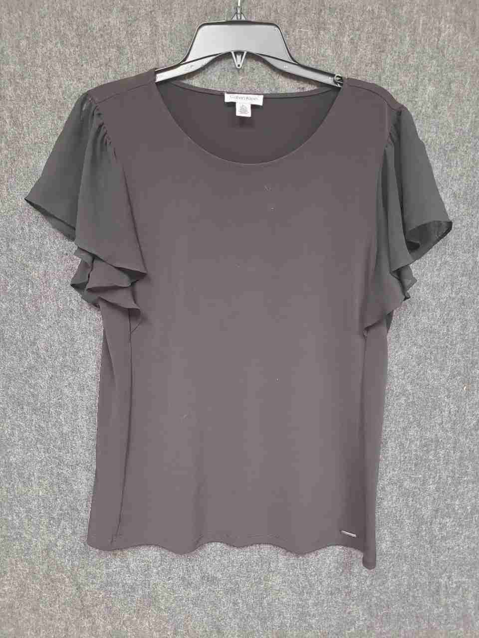 Calvin Klein Women's Black Flutter Ruffle Sleeve Round Neck Blouse Top Sz S