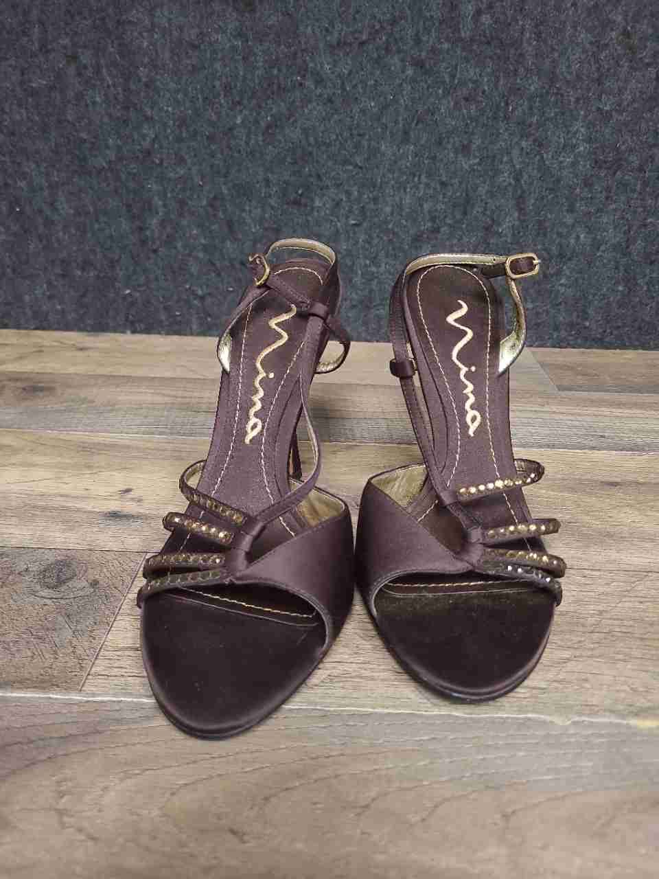 Nina Brown Satin Rhinestone Embellished Strappy Slingback Heels Size 7.5