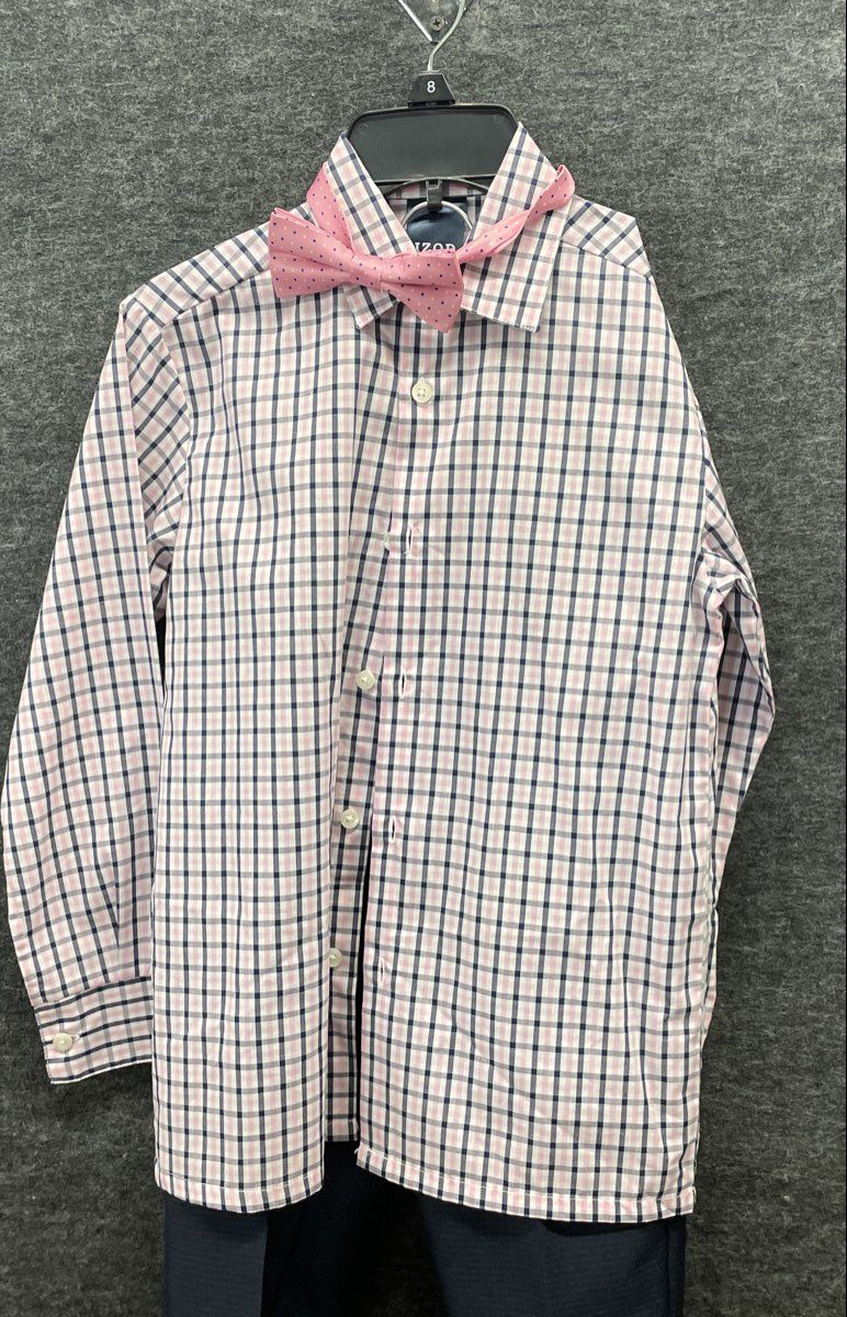 IZOD Boys 4-Piece Suit Set Navy Blue Pink Plaid Shirt Vest Pants Bow Tie Sz 8