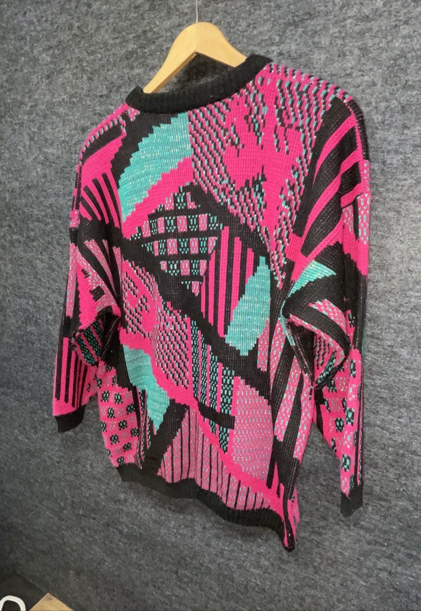 Vintage 80s Studio Graphics Women's Abstract Geometric Neon Knit Sweater Sz L