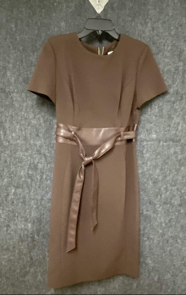 Calvin Klein Women's Brown Short Sleeve Faux Leather Belt Sheath Dress Sz 8